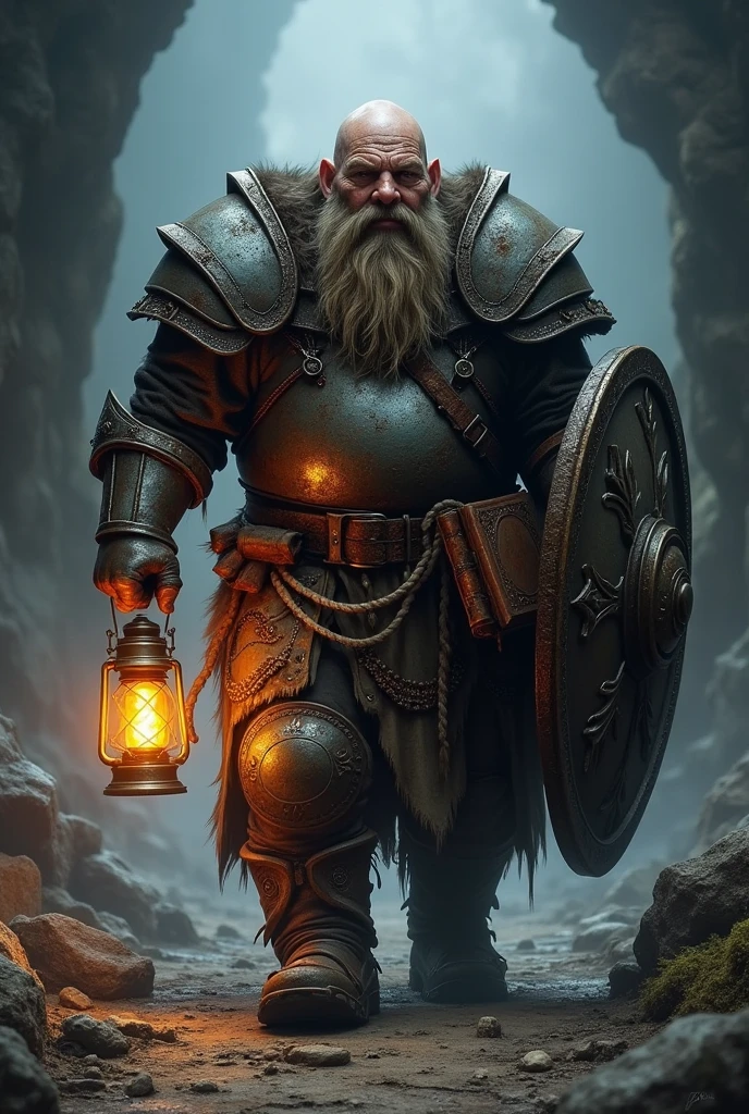 A dark grim fantasy dwarf wearing rusty full armour, fit man, with a long beard, holding a lantern in one hand and a shield with the other, an ancient spell book tied to his belt