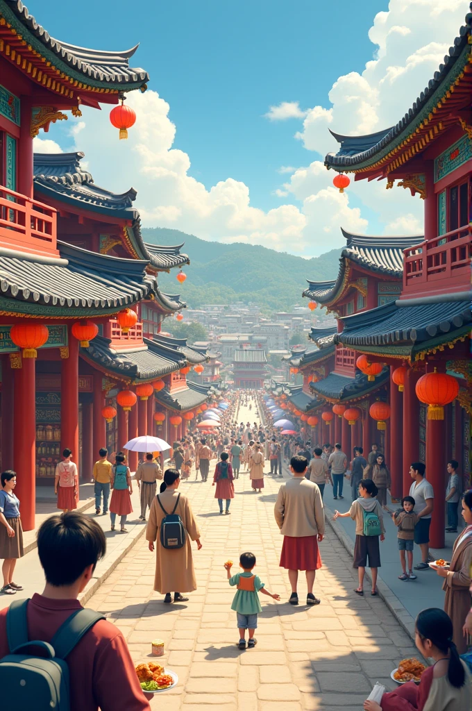 people walking in a large building with a lot of lights, digital painting of a pagoda, beautiful render of tang dynasty, ancient chinese architecture, dreamy chinese town, chinese building, cyberpunk chinese ancient castle, chinese watercolor style, chinese architecture, china town blade runner, china town, japanese city, a beautiful artwork illustration, chinese temple, background artwork, gta chinatown art style