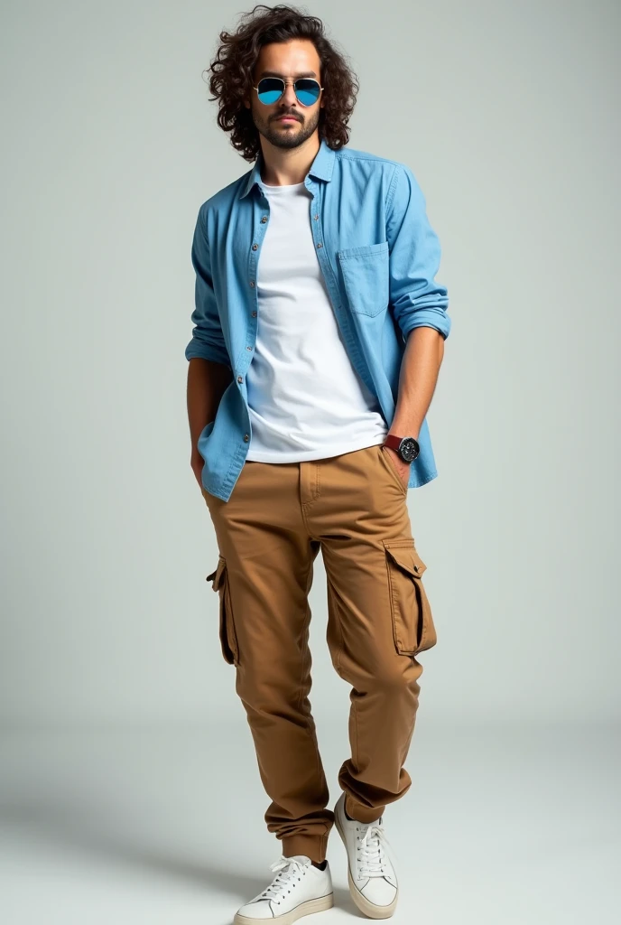 Average height ma n...wearing medium baggie light brown cargo pants and white sneakers....white t shirt and sky blue shirt above t shirt.....analog watchon left with brown leather band....very long hair curly at the tips and hanging over the shoulders and with aviator sunglasses with blue tint one face..... Light moustache and slight hairs on the chin and clean shaved cheeks