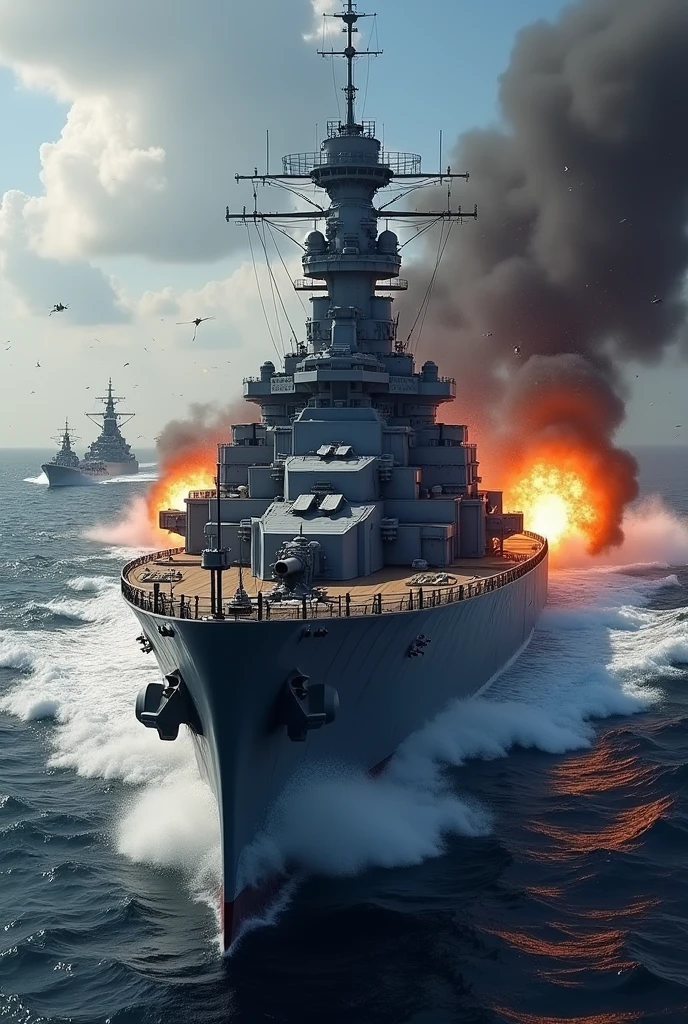 battleship bismark, attacking English ships, firing from the bow and stern turrets, with view from the side, realistic image,