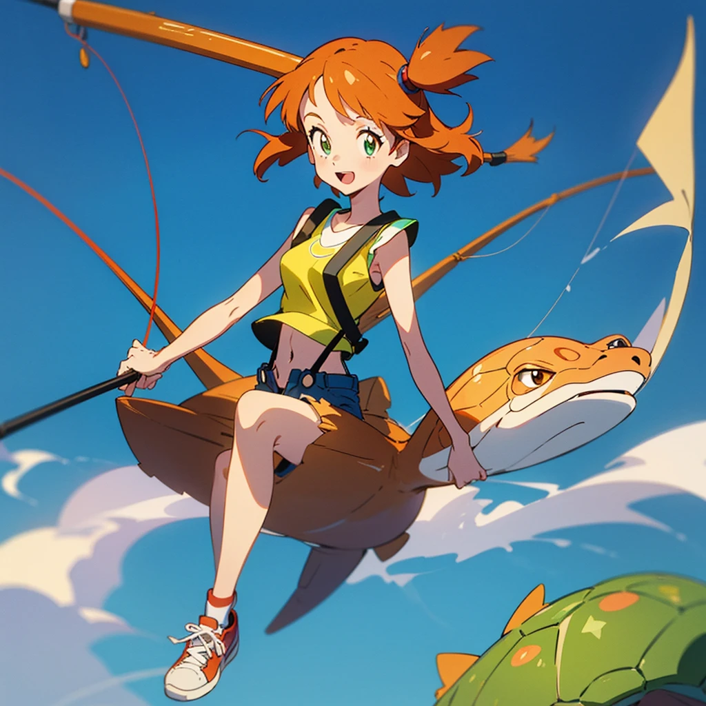 Wallpaper,masterpiece,High resolution,8K
(Misty_Pokemon)(1ld girl)
(Berry Short,Orange Hair,one side up hair,Big green eyes,Small breasts,Skinny)
(Yellow sleeveless T-shirt,Belly button exposed,Denim hot pants,Red suspenders,sneakers)
I can feel the spirit in my eyes., Chibi Cute, 1girl, solo, full body, Fisherman costumet, fishing rod on shoulder, riding on a sea turtle, smile with open mouth, simple background