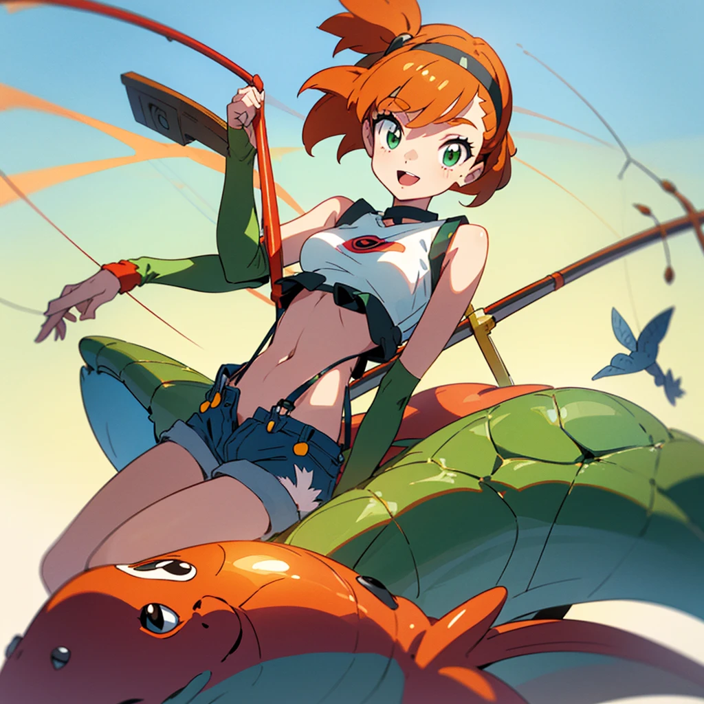 Wallpaper,masterpiece,High resolution,8K
(Misty_Pokemon)(1ld girl)
(Berry Short,Orange Hair,one side up hair,Big green eyes,Small breasts,Skinny)
(Yellow sleeveless T-shirt,Belly button exposed,Denim hot pants,Red suspenders,sneakers)
I can feel the spirit in my eyes., Chibi Cute, 1girl, solo, full body, Fisherman costumet, fishing rod on shoulder, riding on a sea turtle, smile with open mouth, simple background