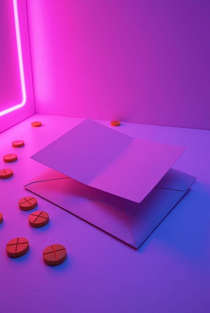 An envelope with a letter on a white floor and with orange medicine pills thrown to one side with purple neon lighting, this whole image has a psychedelic touch of bad trip