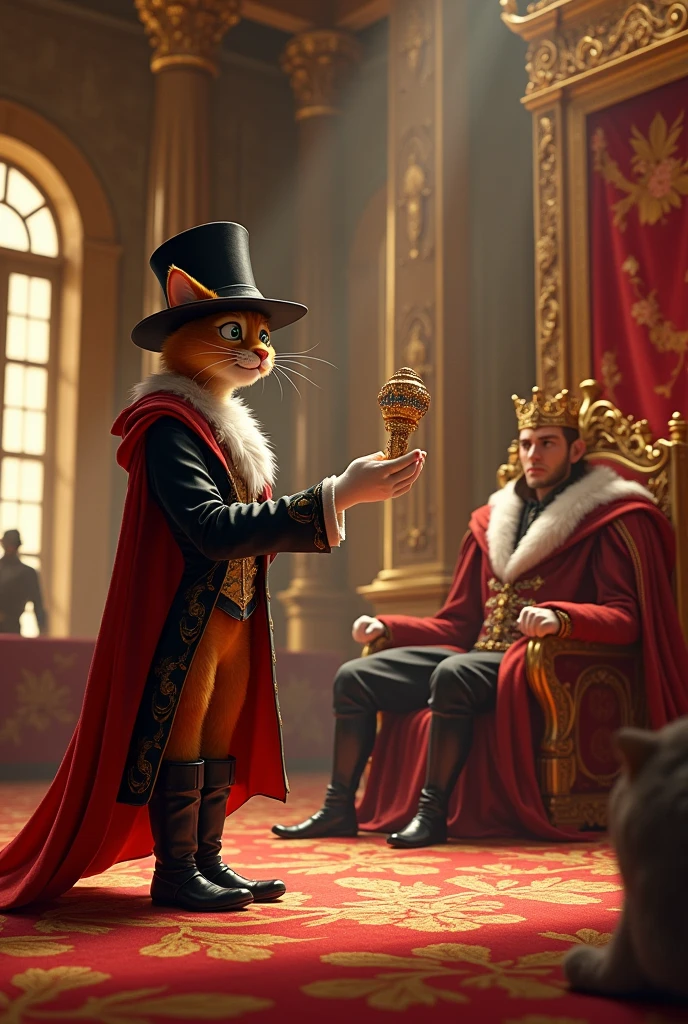 Generate me an image of when Puss in Boots presented himself to the king of the palace and gave him his offering