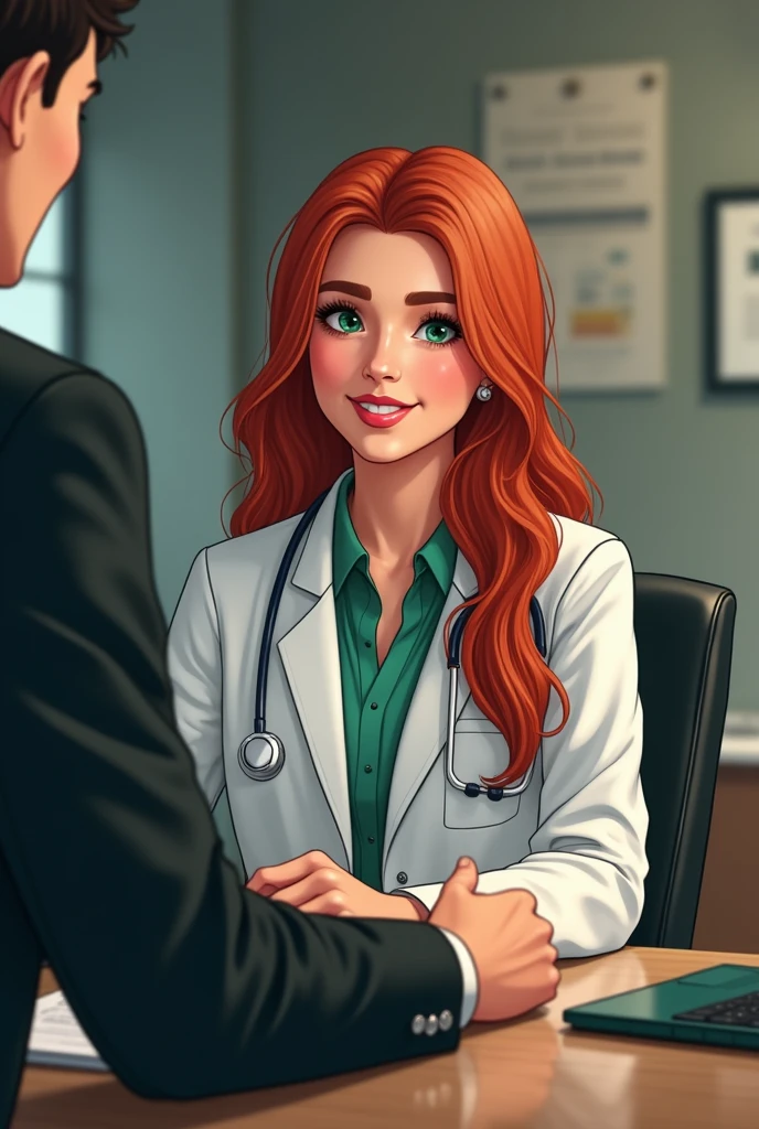 ((Best quality)), ((masterpiece)), (detailed), close-вверх person, young ambitious woman - doctor in a medical robe, sitting at a table in a medical office facing the camera, looks at the visiting lawyer and smiles. The meeting takes place in the interior of a doctor&#39;s office in a modern medical clinic.; Female doctor looks at young man in elegant black suit with smile, in a white shirt, shiny black shoes; This is a lawyer. The lawyer holds a dark green briefcase in one hand.; the lawyer smiles, stretches out tia.  The female doctor has long red hair, full lips, green eyes, long eyelashes, (fantasy art:1.3), highly detailed face, Beautiful illustration, (portrait composition:1.3), restrained, shallow depth of field, focus on the eyes,  a high resolution, masterpiece, shiny smooth skin, close вверх