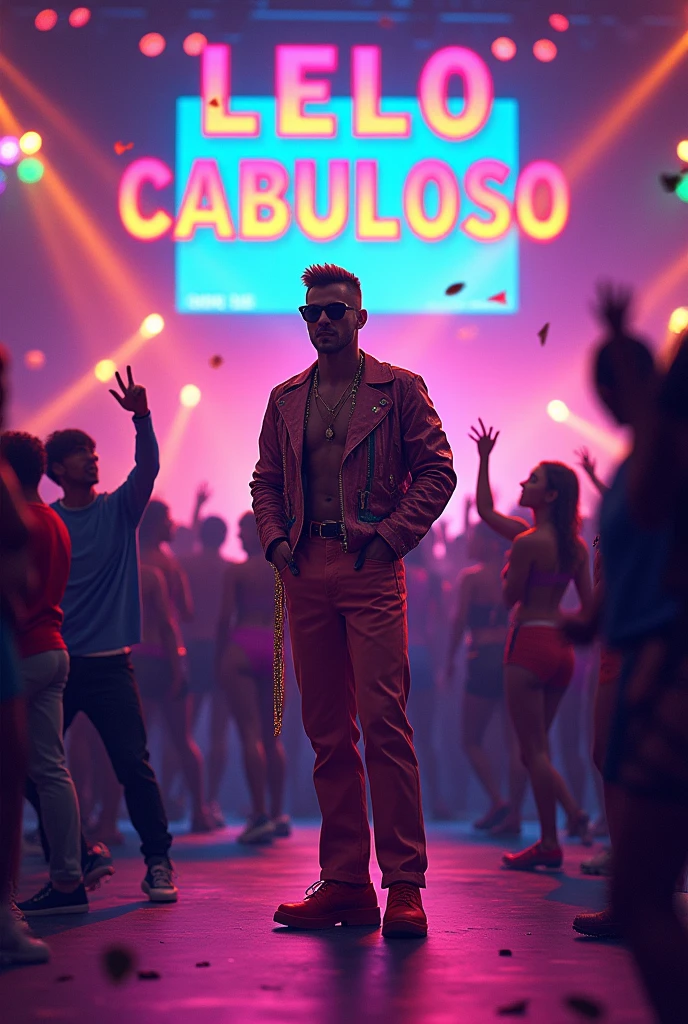a gay man named lelo cabuloso at a gay club ,the name has to be displayed on a huge screen