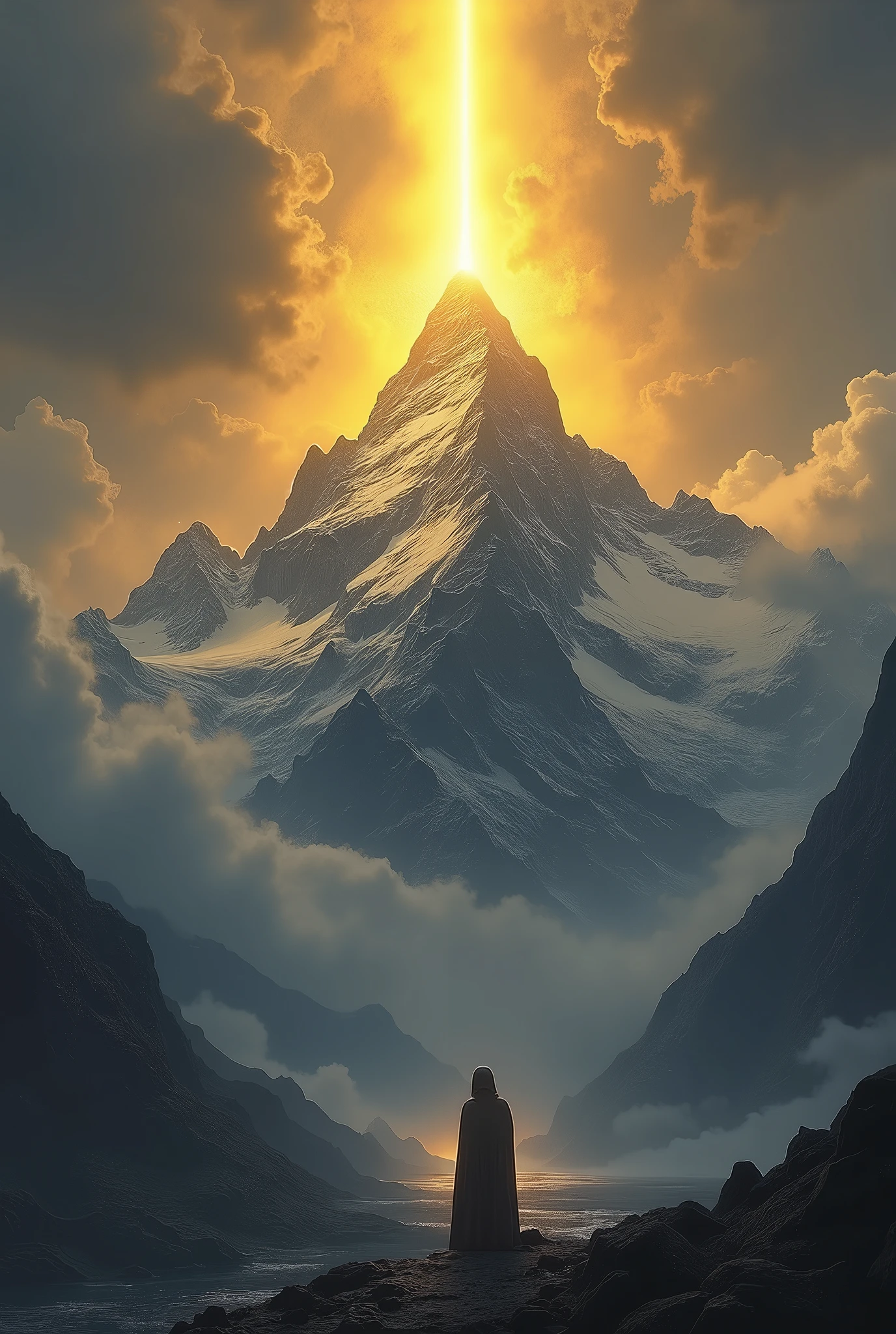 A mountain emitting an intense golden beam of light