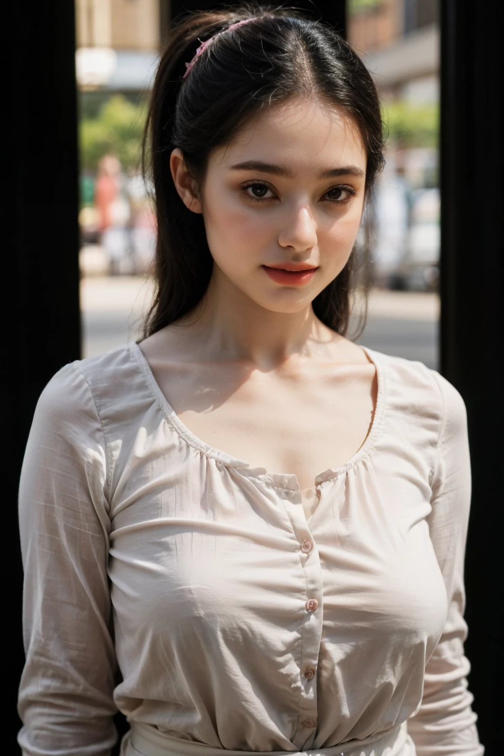 PINK NIPPLE, (BOKEH), LOCATED IN KUALA LUMPUR TWIN TOWER,(Old Lady:1.7), Transparent transparency, adorable, 1 girl, (face to face), , baby face, happy, medium body portrait, (face details: 1), (eye details:1), ((big breasts)). wearing transparent transparency, .. Cute posed. proportional body. Ultra High Res. realistic: 1.4, UHD,