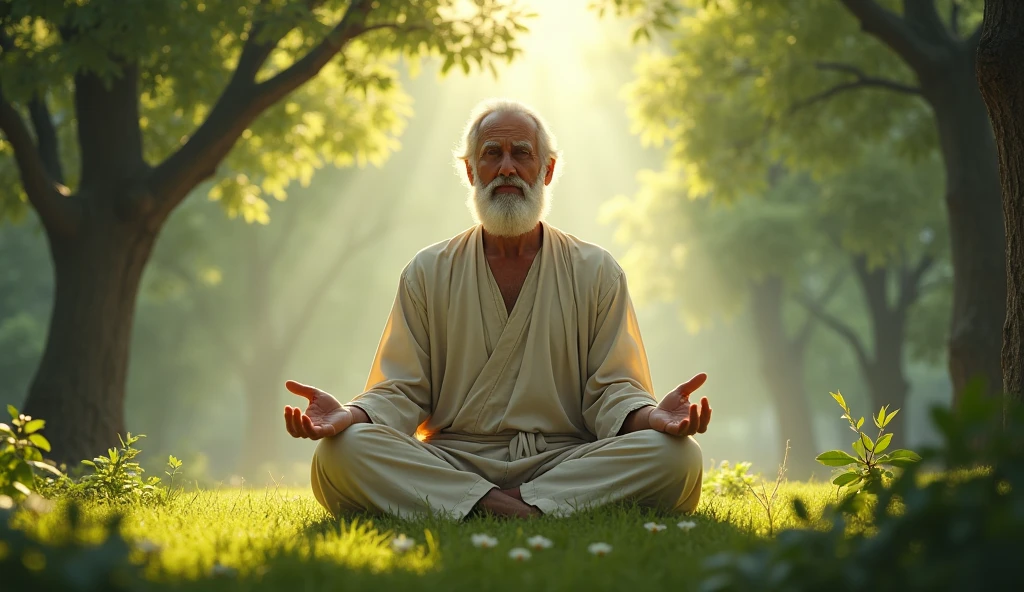 enoch, a wise looking man, meditating in a sunlit clearing, surrounded by leafy trees. Soft sunlight filters through the leaves, criando um ambiente sereno. He wears simple clothes and expresses calmness and devotion..