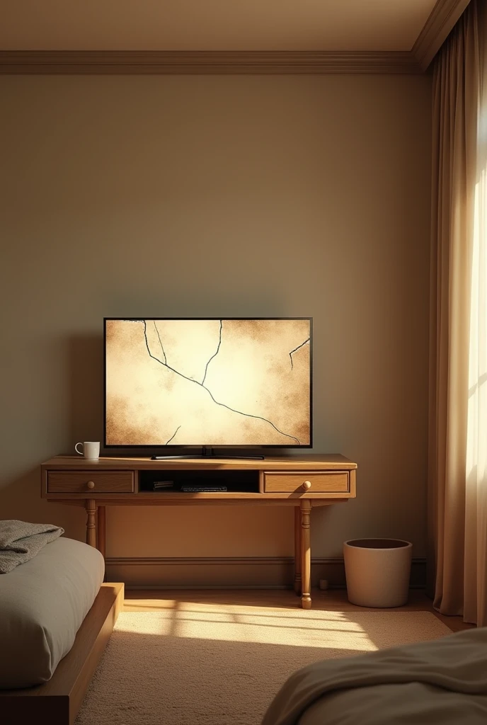 Create an image of a realistic room, very realistic that it is afternoon and has a sepia filter and focuses on a modern flat screen TV that is broken and turned on, Give a minimalist touch to the room, that it is a bedroom, and the TV is on a desk