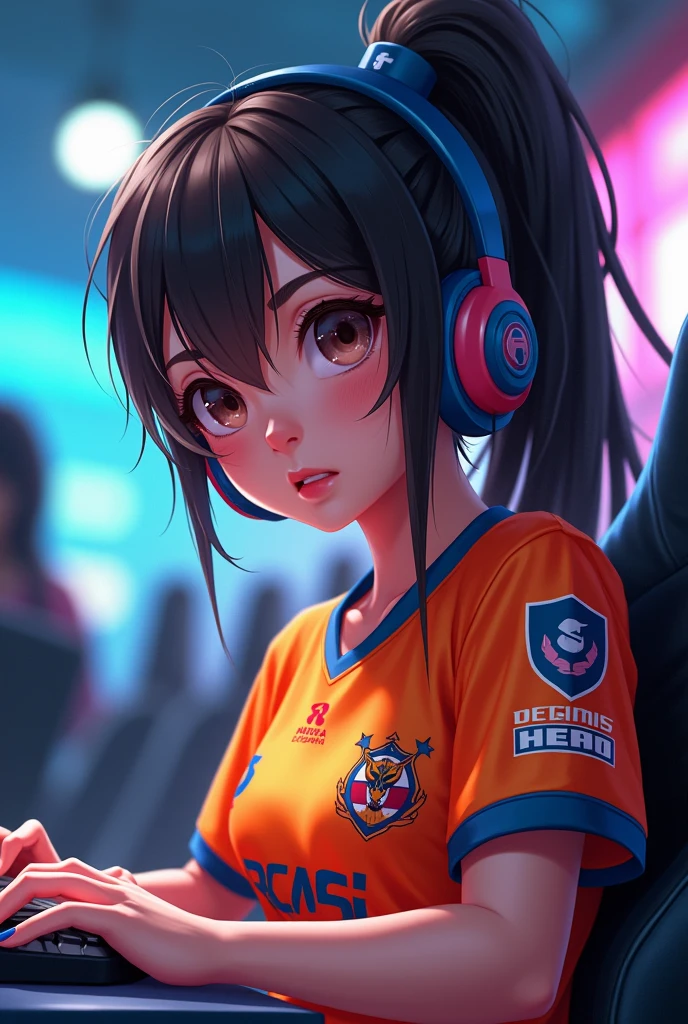 A girl wearing a eSports jersey with sponsorships with an side pose with half face showing 