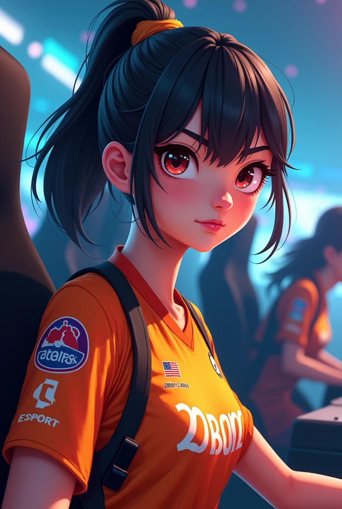 A girl wearing a eSports jersey with sponsorships with an side pose with half face showing