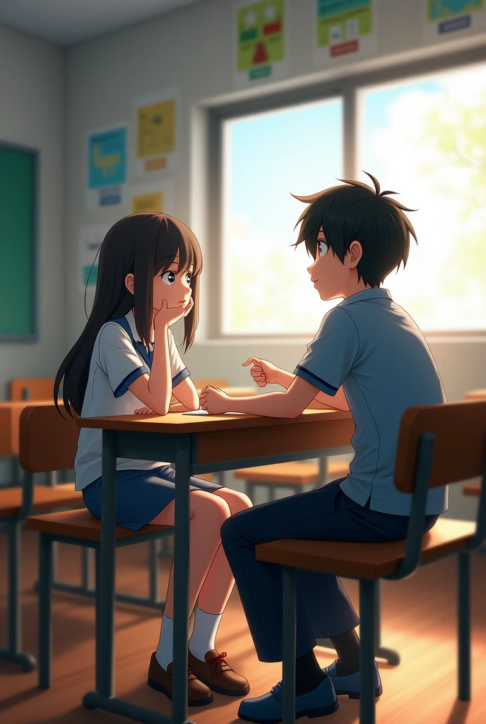 A girl in the class bench and a boy in opposite beside in a class sitting in the bench