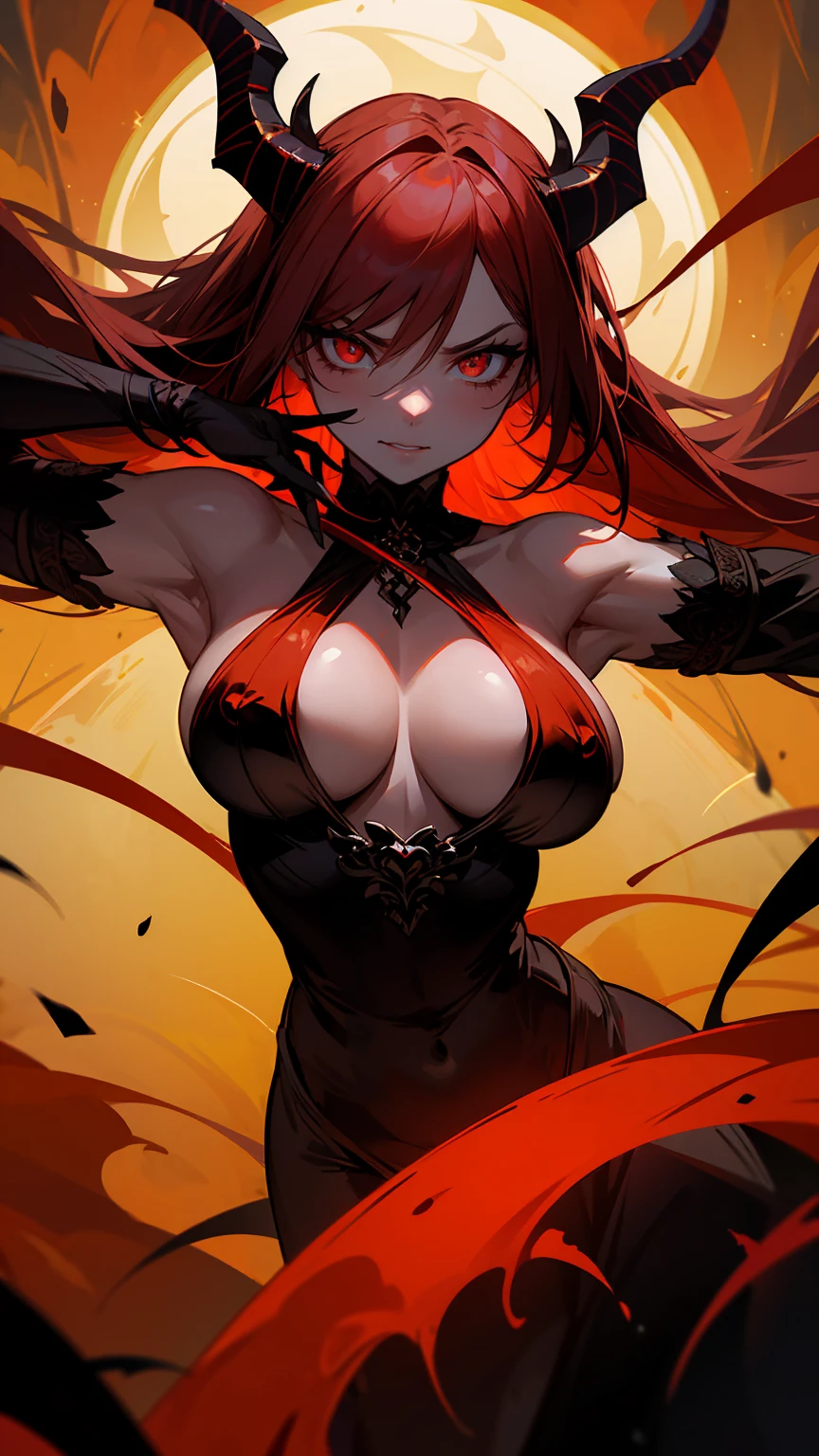 Create an image of a powerful and malevolent female devil with fiery red skin and large, curved black horns. She exudes an aura of dark energy and malevolence. Her attire is luxurious, made of gold fabric with intricate, ornate details that shimmer in the dim light. Her eyes glow with an evil intensity, and her expression is both alluring and terrifying. She wields a shadowy sword that seems to be made of darkness itself, with tendrils of shadow swirling around it. The overall scene should have a dark, infernal atmosphere, with deep reds, blacks, and golds dominating the color palette, highlighting her evil and regal presence. big boobs