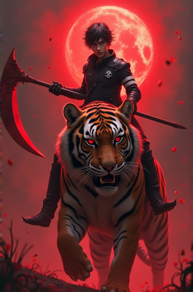 A kid With the power to control blood Speed A big scythe Red aura On top of a red-eyed tiger A skull on his shoulder White stripes on his arms Fighting against Muzan 
