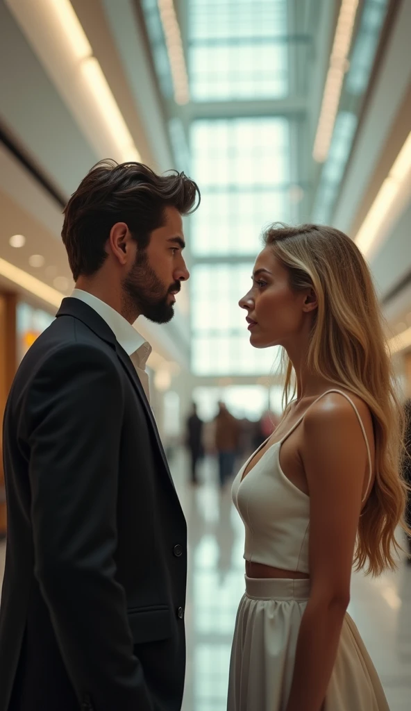 a young woman with yellow hair and white sleeveless dress talking to a sad handsome guy at a shopping mall, cinematic, masterpiece, high-aesthetic, realistic