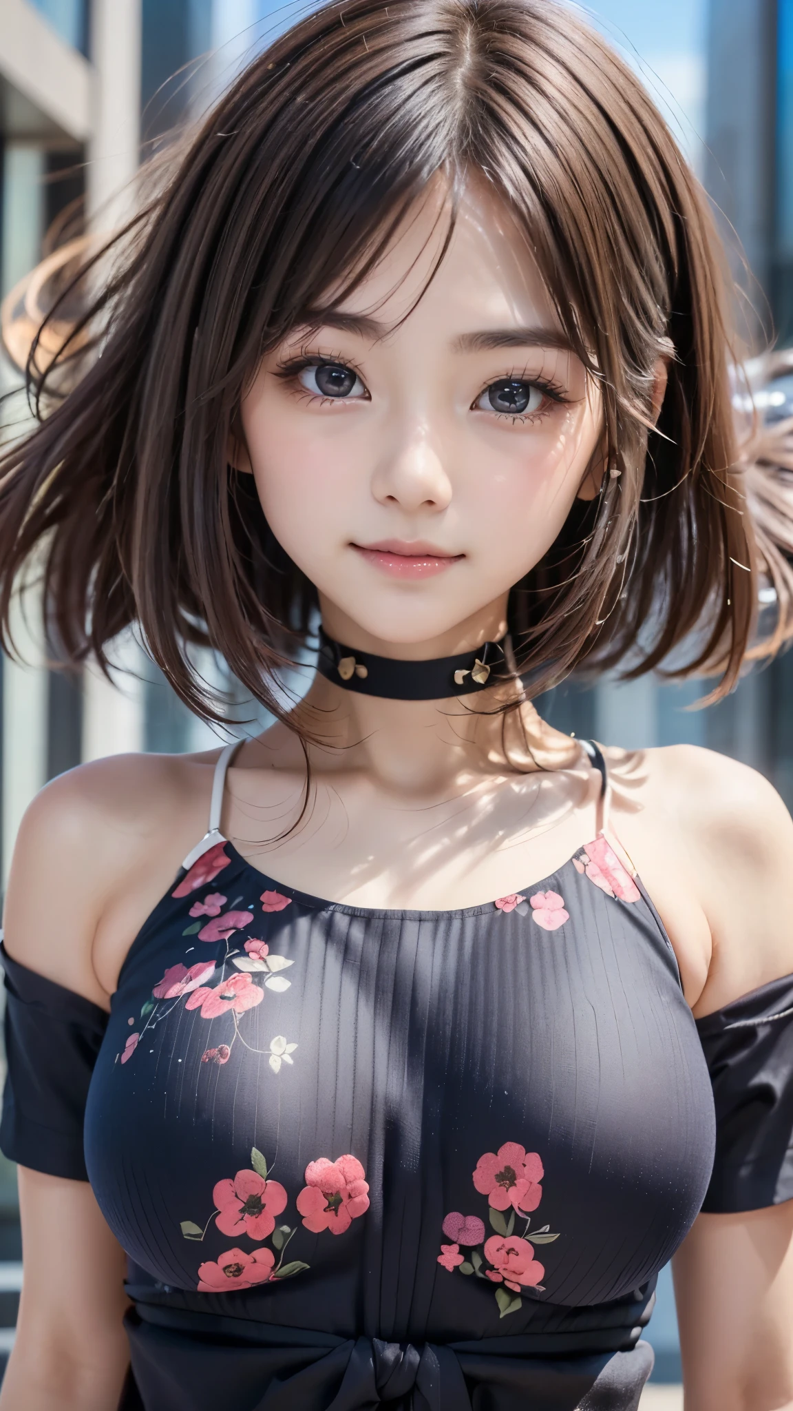 (((A pure and cute beautiful girl stands in a futuristic city:1.2))), (((Upper body portrait))), Beautiful straight hair, Short brown hair, Immersion, (Beautiful symmetrical eyes), (Thin thighs:1.2, Beautiful feet:1.2), Slender body line, ((Tight waist:1.2)), (Japanese Idols, , high school gienage), (Perftomy:1.3), Moisturizing lips, (Beautiful breasts, Heart-shaped chest cut-out), (Highest quality、Highest quality、Masterpiece、Ultra high definition、Reality:1.37), (Detailed eyes and face:1.3、Professional photography techniques)、((Hair blowing in the wind:1.3)), (((Cute tops, Futuristic fashion)))