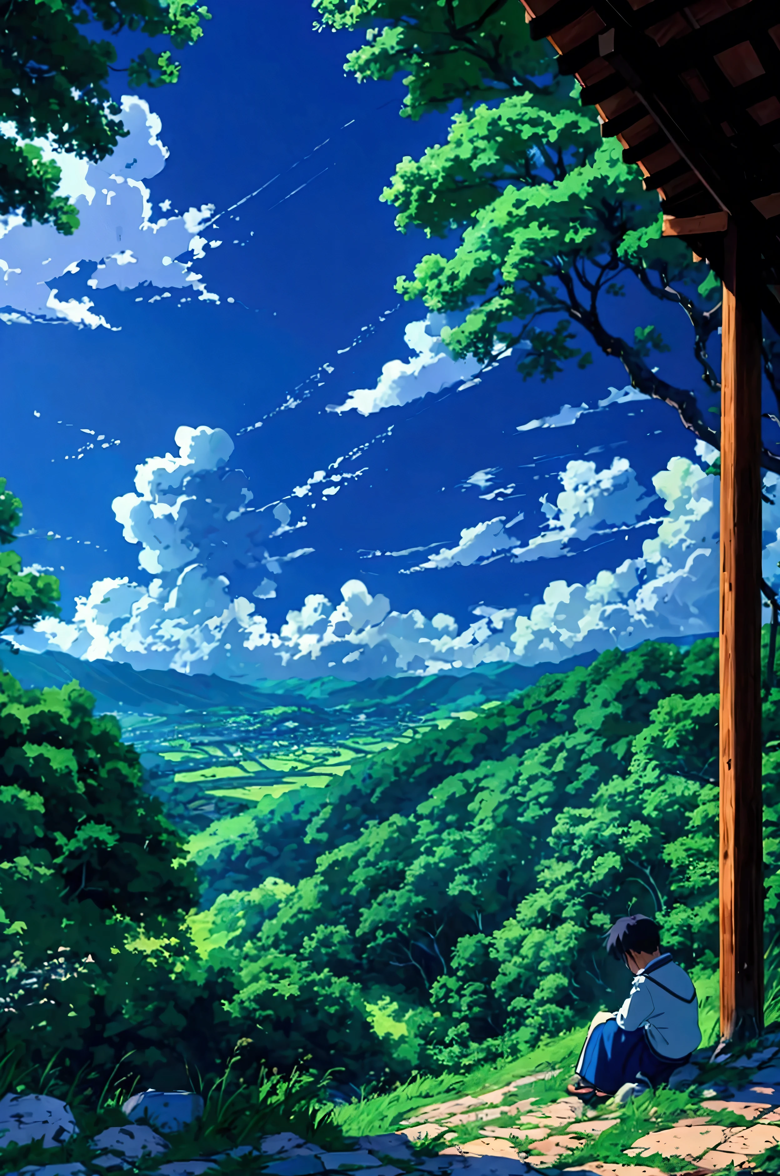 A boy sitting on the hill watching his own village from the hill , beautiful blue and white clouds in the sky ,green trees , an anime style painting 