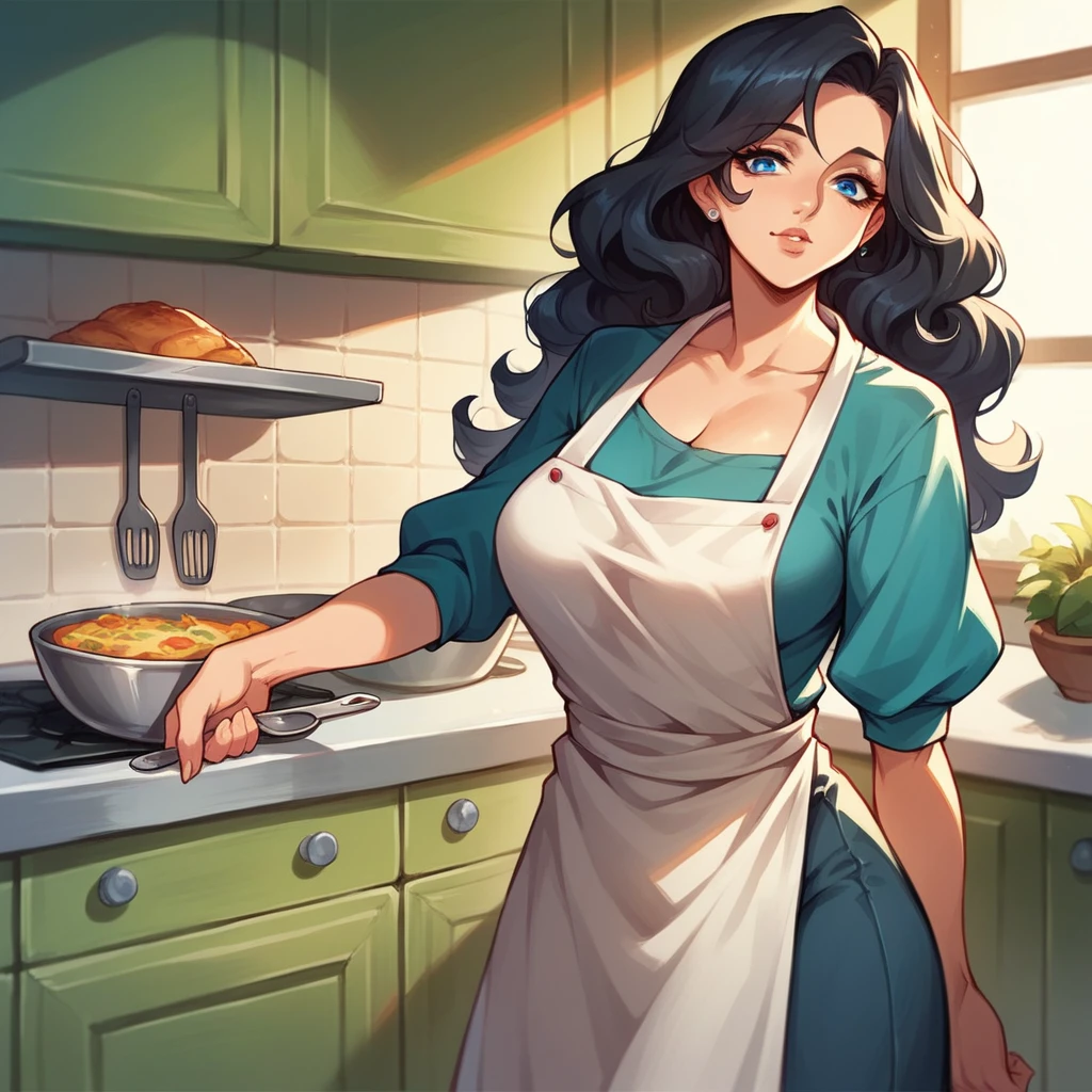a MILF in her late 40s is in her kitchen. She has a dress and a cooking apron. she smiles softly at you and has long black hair with blue eyes