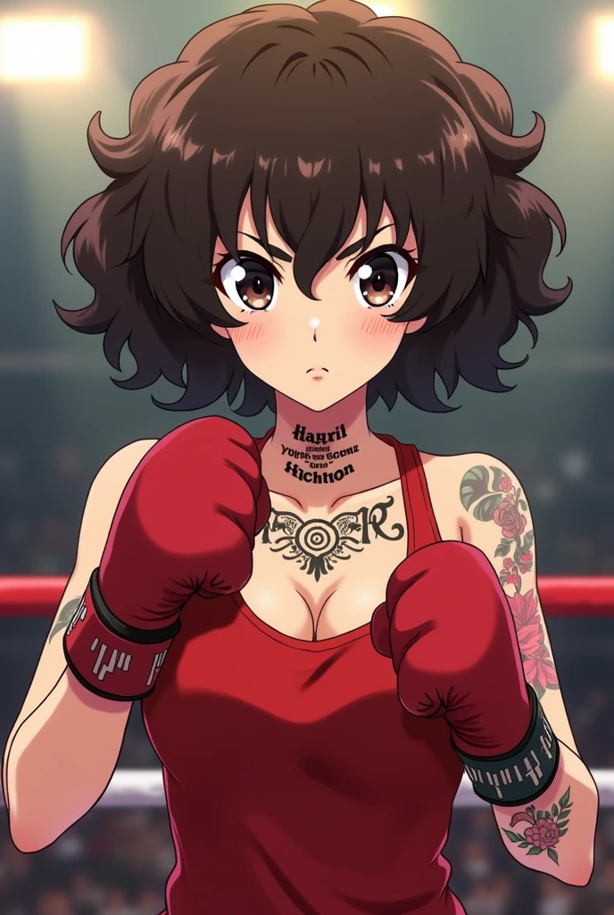 female anime character with very curly hair 3C curl and short with curly bangs, dark brown eyes and tattoo in the middle of the neck, another with a phrase on the collarbone, and other small tattoos on the arms, female boxer doing guard with red competition outfit in hajime no ippo style, serious expression but with a touch of mockery, self-centered