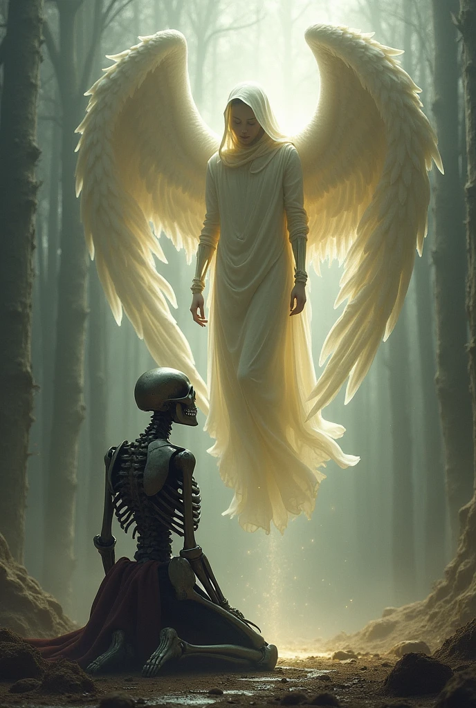 After the battle, the armored skeleton kneels before the angel, radiant in her beauty in a hooded hat, but the angel looks at her with hurt.   The face of the angel is not visible and she is suspended in the air
