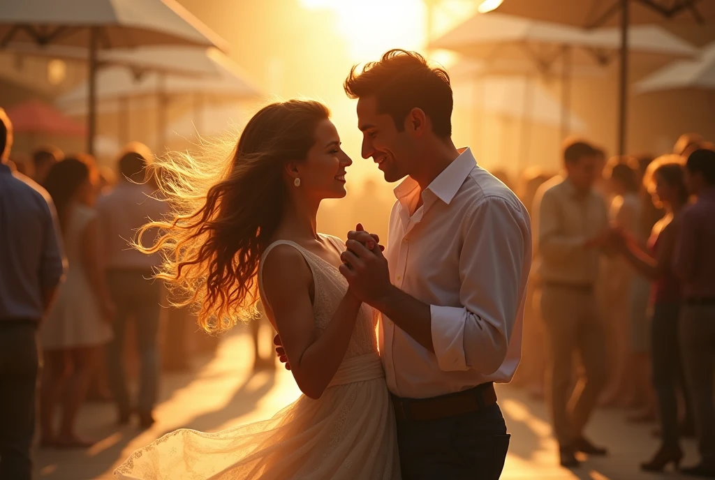 A very pretty woman falling in love with a man and dancing with him under the sunlight in the midst. Of crowd