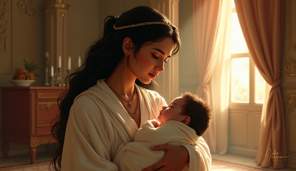The Queen of Saba, dressed in simple yet elegant robes, cradles her son, Ménélik, in her arms. The scene is set in a peaceful chamber within the palace, with soft, warm light filtering through curtains. The Queen’s expression is tender and protective, while the Ménélik sleeps peacefully. The background subtly hints at the royal lineage, with symbols of Saba’s power and connection to Jerusalem visible.