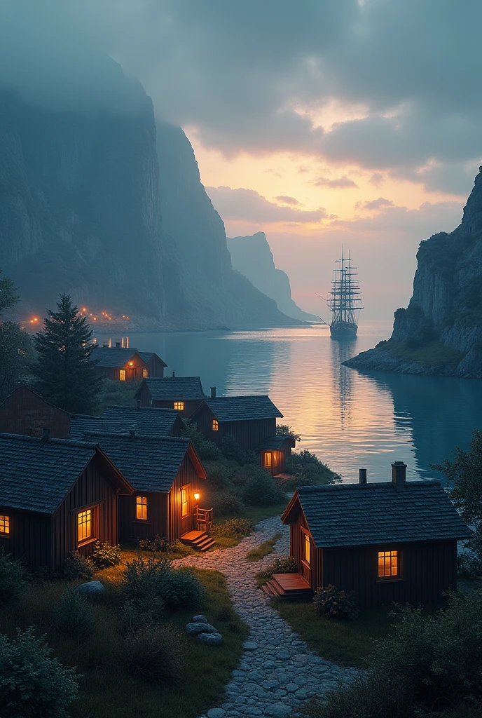{ultra-realistic landscape photograph, serene coastal village at dusk, tall ships with billowing sails in the distance, wooden cabins with warm glowing windows, calm and reflective sea, 4K resolution, cinematic composition, soft golden light, detailed textures in the wood and water, misty atmosphere, towering cliffs framing the harbor, tranquil and peaceful ambiance, rich colors, sharp focus, deep blues and golds in the sky, capturing the quiet beauty of the moment, natural elements blending seamlessly with man-made structures, immersive and realistic scenery, evening calmness, warm hues of sunset}