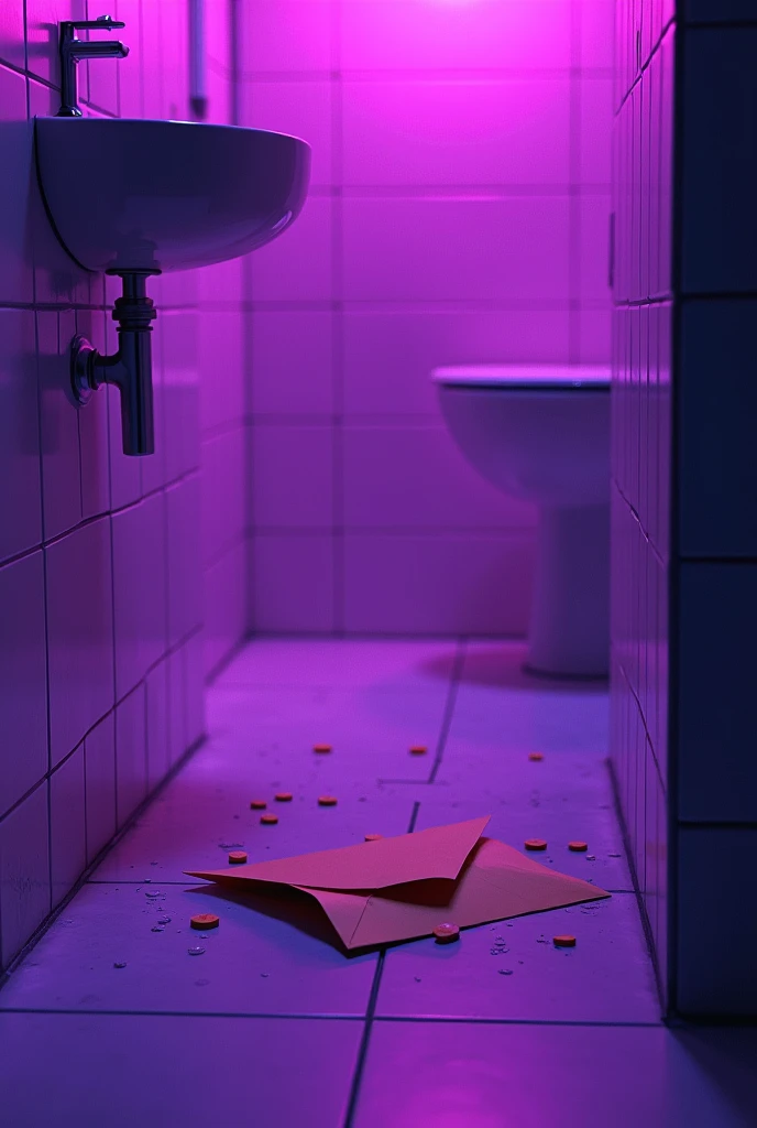 An envelope with a letter on the white floor of a nightclub bathroom and with orange medicine pills thrown to the side with purple neon lighting all this image with a psychedelic touch of bad trip