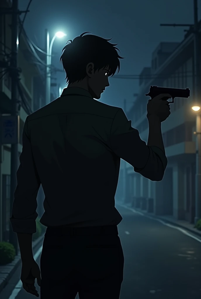 The image is anime style with shadows and dim lights, anime style although somewhat adult and dark, It shows a man with his back turned pointing a gun at his head.. The background of the image is a street road.