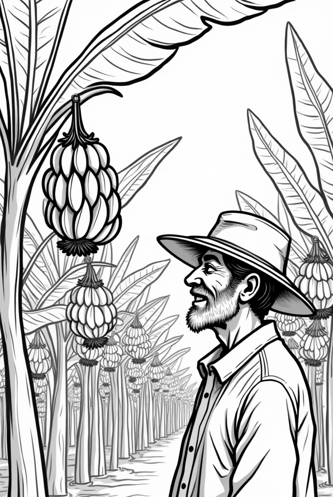 Easy to draw black and white drawing of a happy man with beard and hat on a banana plantation .
Place the man looking at the bananas hanging from the plants, Make the man a little further back and older , Put more hanging banana plants , places the man looking at the hanging bananas