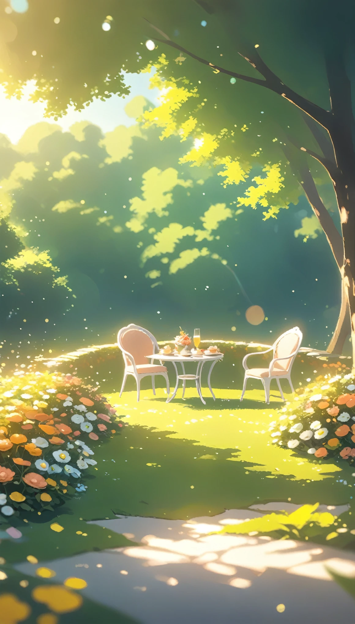 English afternoon tea with a view, Warm flower garden,Pink orange ,There are no human characters.,No people