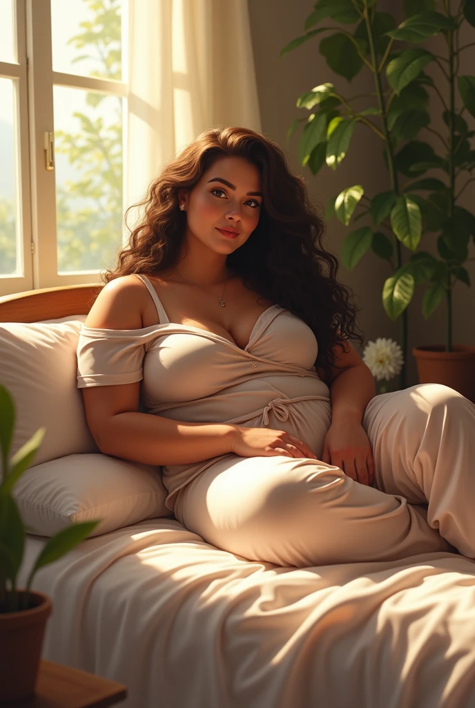 (photorealism:1.2), beautiful woman, chubby, lying on bed, wearing loose off-shoulder top, pajama pants, long curly hair, indoors, soft lighting, plants in background, window with sunlight, cozy room, relaxed pose, realistic, intricate details, warm colors, sleepy