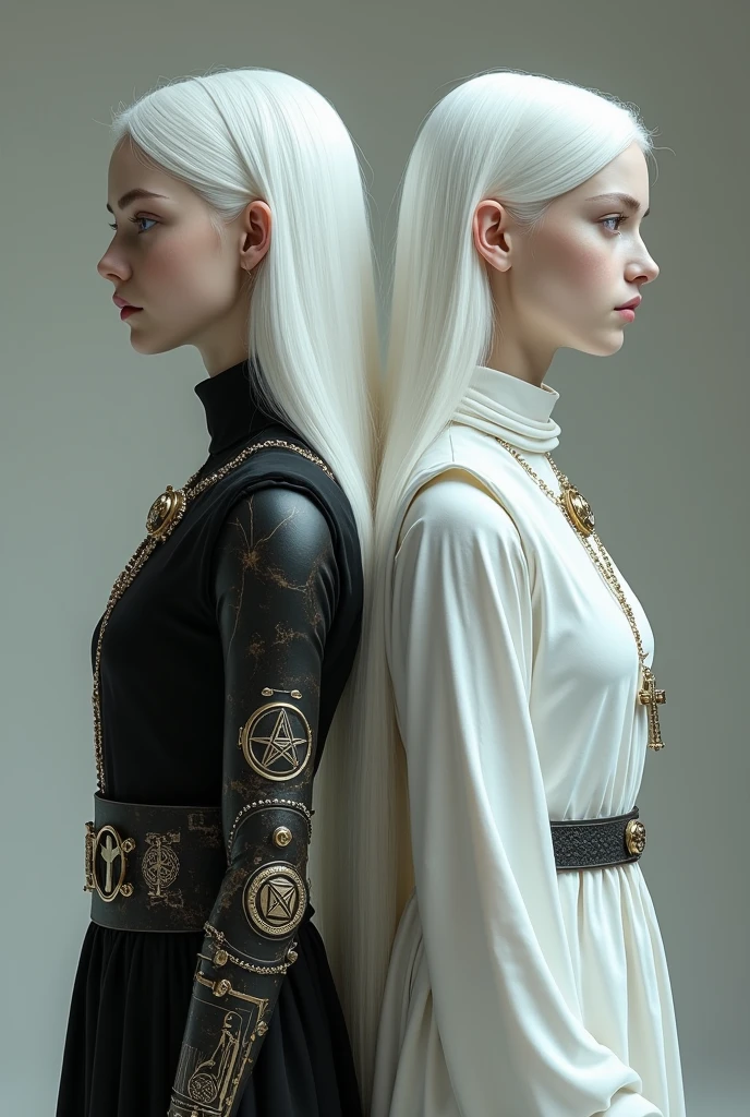 Two young albino women from the Middle Ages with white hair and violet eyes, their backs turned to each other, the one on the left wearing black alchemist clothes and her left arm with a steampunk prosthesis with a pentagram, and the sister on the right wearing white nun clothes and a cross necklace..