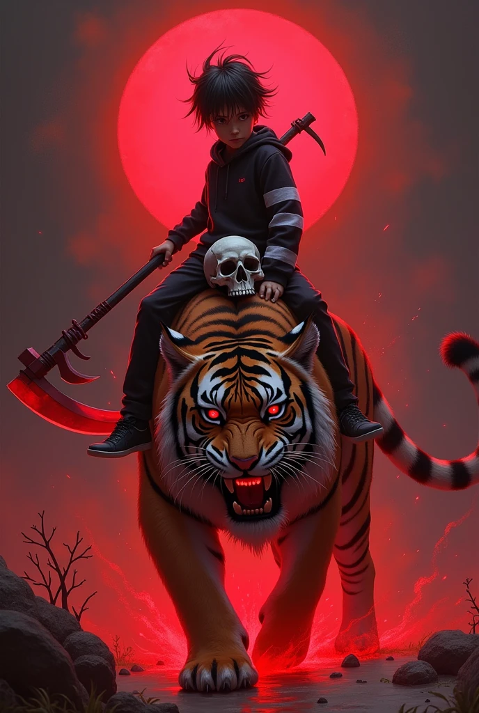 A *** With the power to control blood Speed A big scythe Red aura On top of a red-eyed tiger A skull on his shoulder White stripes on his arms 

