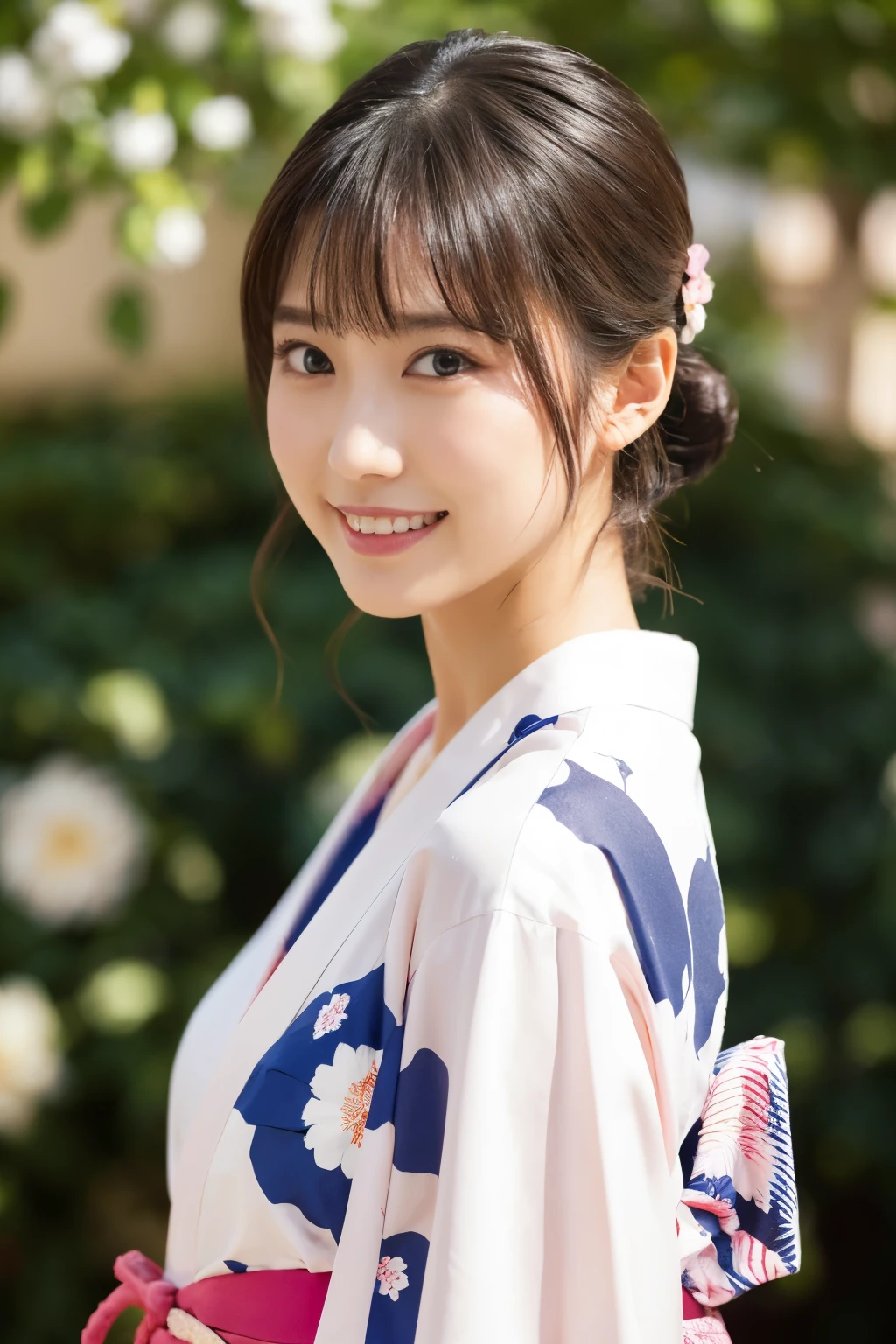 1 person, (Wearing a cute pink yukata.:1.2), Very beautiful Japanese idol portraits, (Young Face),
(RAW Photos, Highest quality), (Realistic, Realistic:1.4), (masterpiece), 
Very delicate and beautiful, Very detailed, 2k wallpaper, wonderful, finely, Very detailed CG Unity 8k 壁紙, Very detailed, High resolution, Soft Light, 
Beautiful details, Very detailed目と顔, Beautiful and sophisticated nose, Beautiful and beautiful eyes, Cinema Lighting, 
(Commemorative photo at the Loire Castle:1.3), 
(Japanese hairstyle), (Tie your hair at the back:1.3), (bangs), (hairpin), 
Complete Anatomy, Slender body, Small breasts, smile