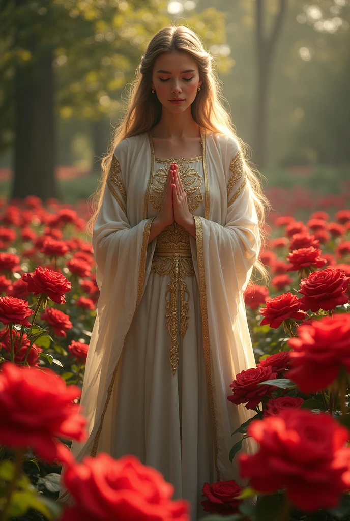 A beautiful saint woman in a park full of red roses