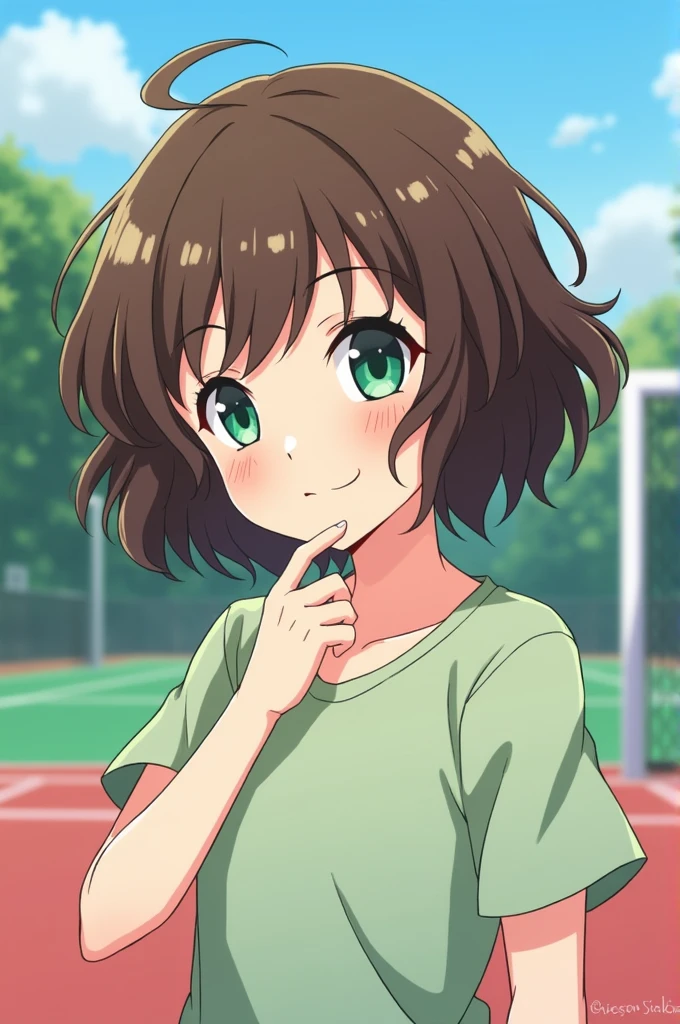 Anime Teenage Girl with Short Brown Wavy Hair. dark green eyes. With Kagueyama Tobio