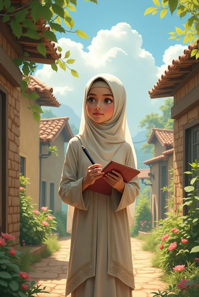 In a beautiful village, a wonderful and beautiful Islamic children no she stands with his pencil and pens