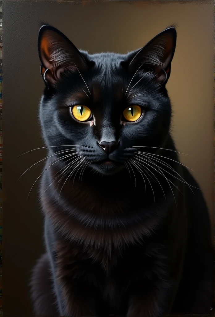 Heavy oil painting, Rembrandt van Rijn, Close-up of a cute black cat with a mysterious look, Atmospheric setting,