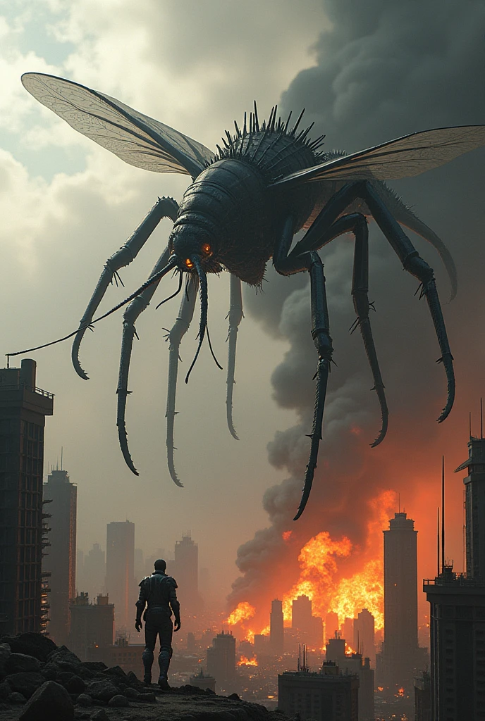Make a very strong mutant mosquito in a burning city with knight armor