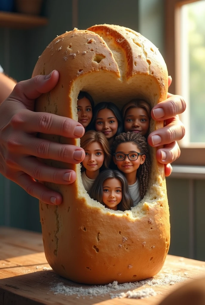 Hands breaking a homemade loaf of bread and young people from different cultures emerging from the broken loaf