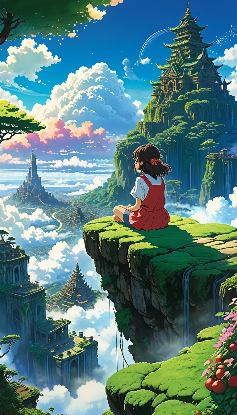 Estilo anime de Shin-Umi Mokoto y Ghibli, from behind,Over the clouds,Sitting on the mossy stage、A girl dressed in adventure looking at a magnificent lost city and the giant world tree next to it., lost city Over the clouds and towering sky, Magic glowing particles, Vibrant dreamy colorful sky with fluffy clouds, book, Apple, glasses, calm,petal,hair blowing in the wind,they are