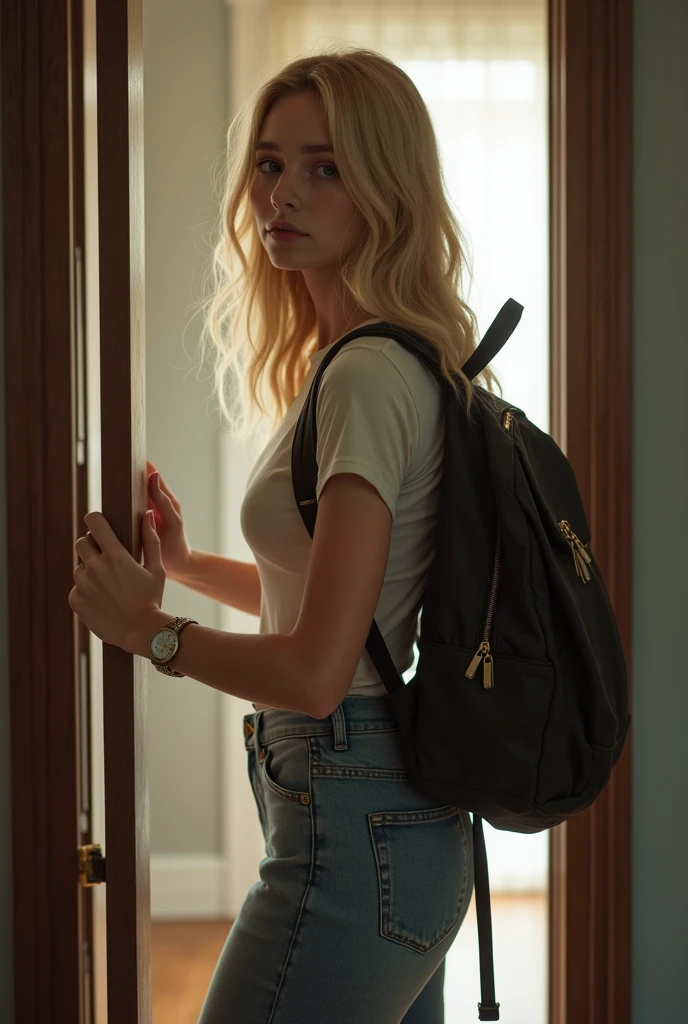 Blonde white woman grabbing her backpack and opening the door