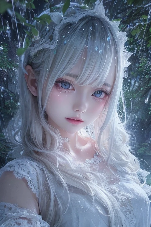A woman wearing sexy lace pajamas in the forest, ，Rainy Day, Gu Weiss, Close-up fantasy and rain magic, Covered with water droplets,  Rainy and humid, Wet, Wet flowing hair, Wet body, artwork in the style of Gu Weiss, Ethereal Beauty, Beautiful body and face,