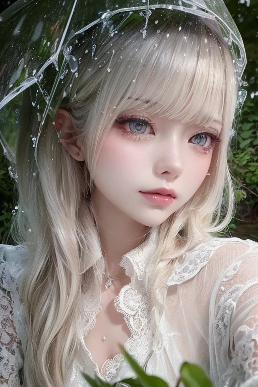 A woman wearing sexy lace pajamas in the forest, ,Rainy Day, Gu Weiss, Close-up fantasy and rain magic, Covered with water droplets, Rainy and humid, Wet, Wet flowing hair, Wet body, artwork in the style of Gu Weiss, Ethereal Beauty, Beautiful body and face,