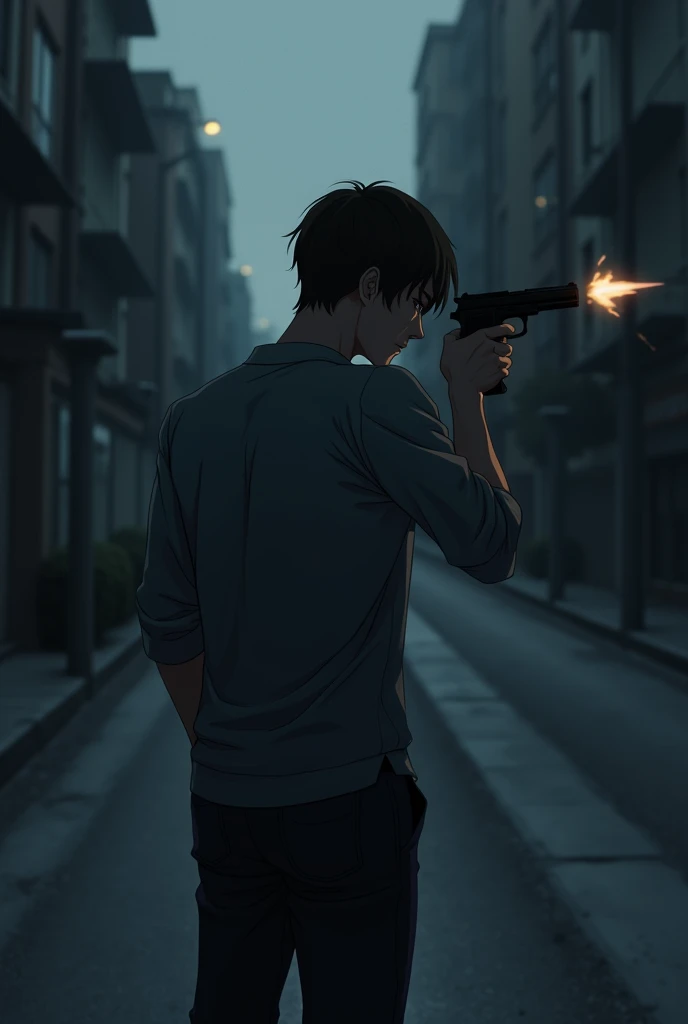 The image is anime style with shadows and dim lights, anime style although somewhat adult and dark, It shows a man with his back turned pointing a gun at his head.. The background of the image is a street road.