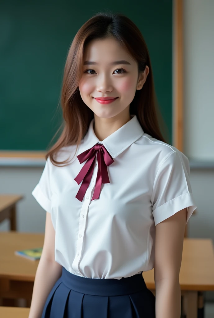 (best quality、On the table、8k、Best image quality、Award-winning works)、(Beautiful girls:1.1)、(White polyester collar shirt:1.1)、(There is a burgundy ribbon on the chest, Just like school uniform:1.1)、(Navy pleated skirt:1.1)、(Large Breasts:1.5)、(Highlight your body lines:1.1)、(Plump body:1.4)、girl portrait photography、glowing skin、Stand gracefully、(Perfect blurred school classroom background:1.1)、(Classroom blackboard background:1.2)、(With a charming and seductive smile:1.1)、(Close-up of face:1.1)