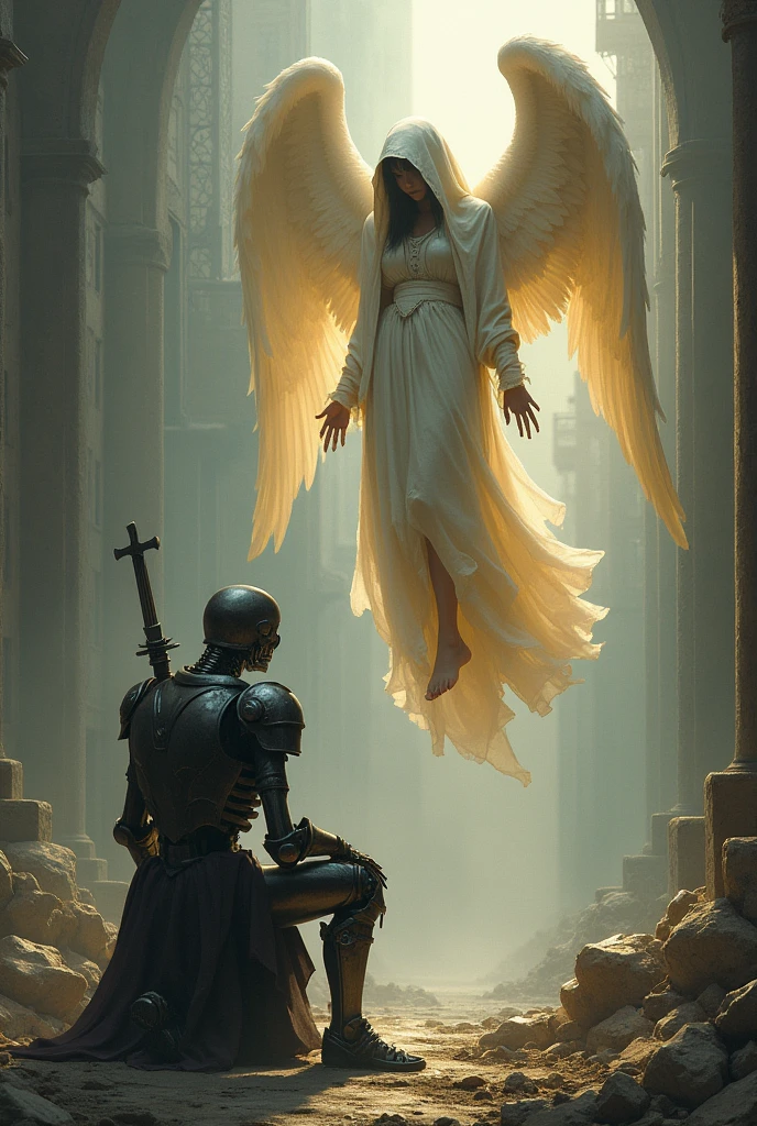 After the battle, the armored skeleton kneels before the angel, radiant in her beauty in a hooded hat, but the angel looks at her with hurt. The face of the angel is not visible and she is suspended in the air