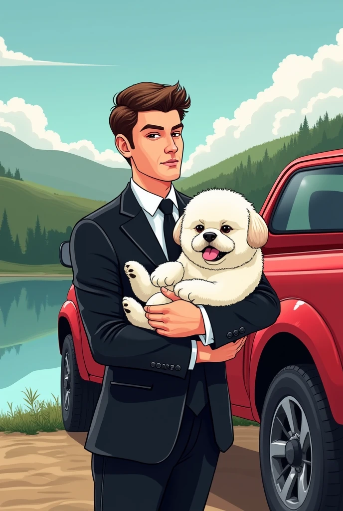 man dressed in black suit with albino pekingese dog in his arms in red hilux truck with lake landscape background cartoon style drawing